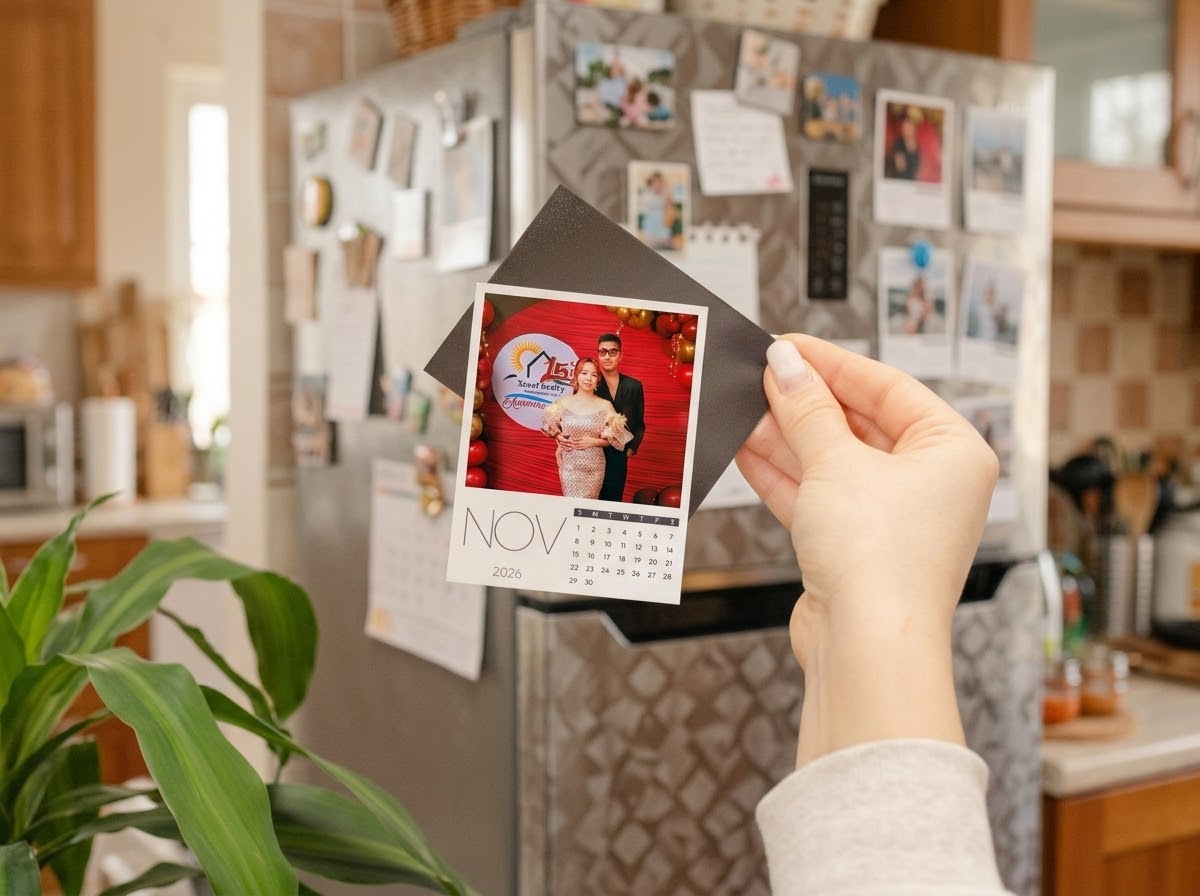Hand holding a custom hand-cut Polaroid-style photo calendar ref magnet with a full flexible magnetic backing sheet, displaying a couple's photo and a November 2026 mini calendar month against a kitchen refrigerator background.