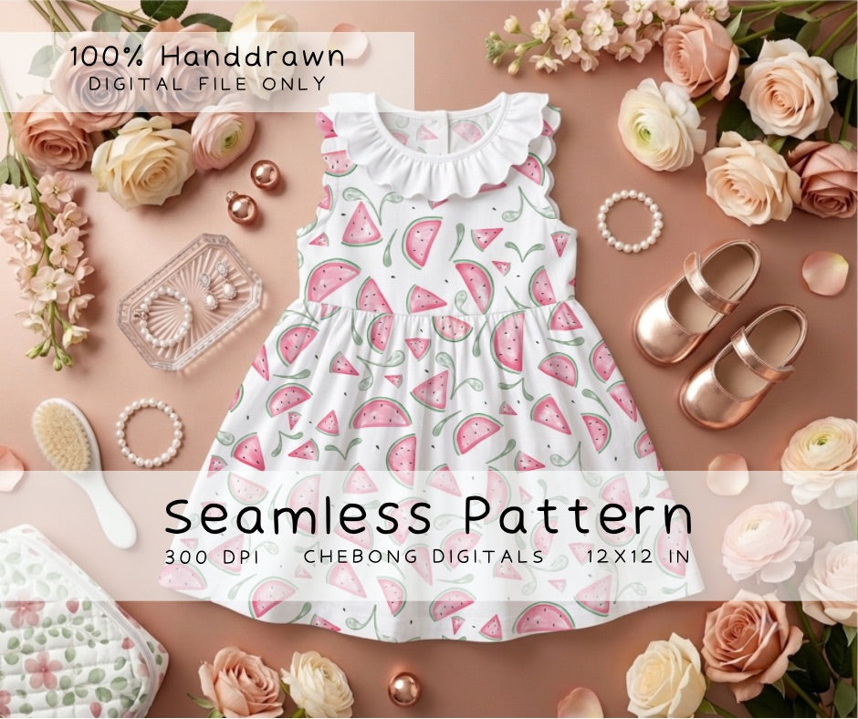 Watercolor Watermelon Seamless Pattern, Summer Fruit Digital Paper (PNG Download)