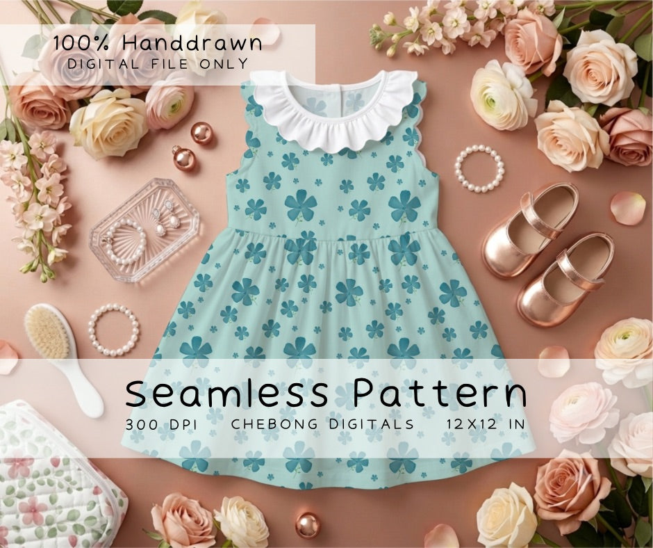 Teal Watercolor Floral Seamless Pattern PNG, Delicate Botanical Digital Paper Pack, Wildflower Leaf Repeat Design for Fabric Sublimation