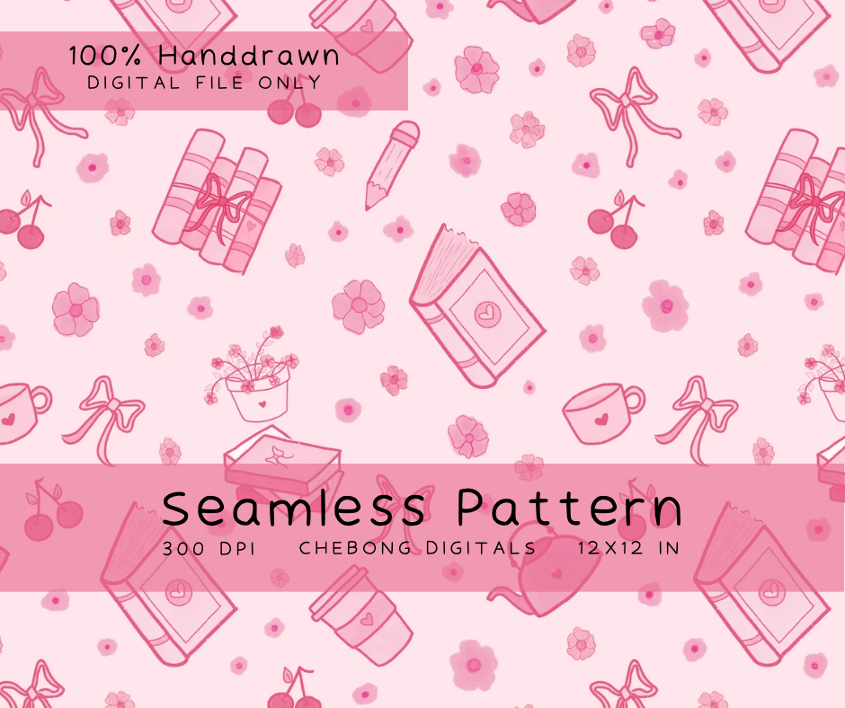 Bookish Seamless Pattern PNG: Cozy Reading Tea Cup Iced Coffee Literary Girl (Digital Download)