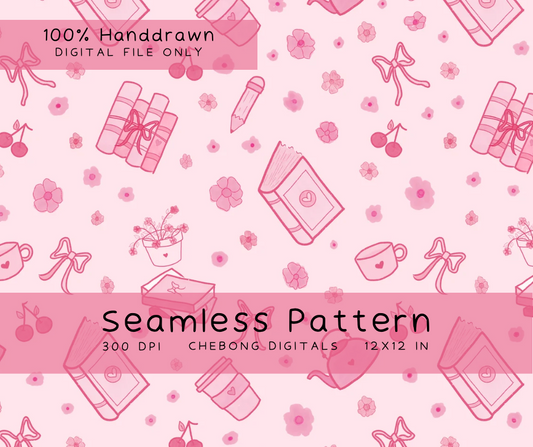 Bookish Seamless Pattern PNG: Cozy Reading Tea Cup Iced Coffee Literary Girl (Digital Download)