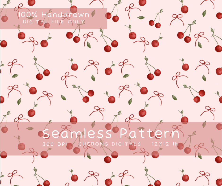 Coquette Bow Seamless Pattern for Fabric Printing, Red Cherries Pastel Ribbons Digital Textile Design for Children Dresses, Trendy Whimsical