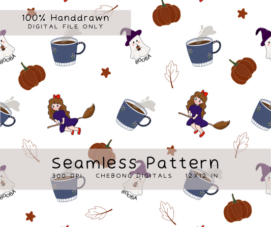 Halloween Seamless Pattern PNG, Bright Spooky Cute Witch Surface Design File, Kawaii Ghost Repeat Print for Spoonflower