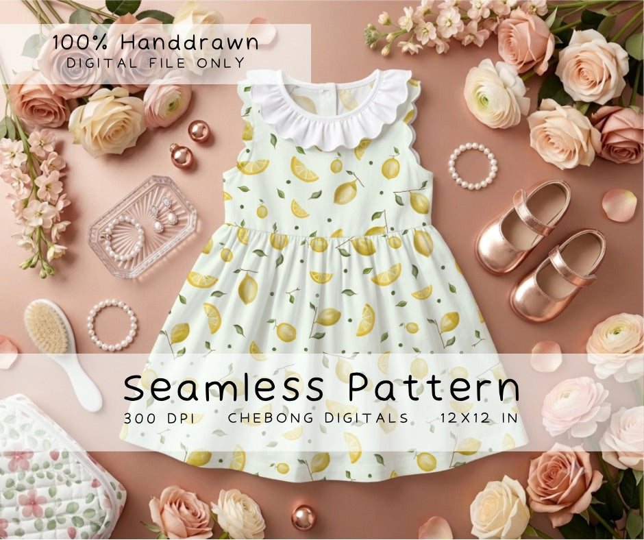 Watercolor Lemon Fruit Seamless Pattern PNG, Summer Fruit Digital Paper Pack, Commercial Use File for Fabric Printing & Tumbler Wrap