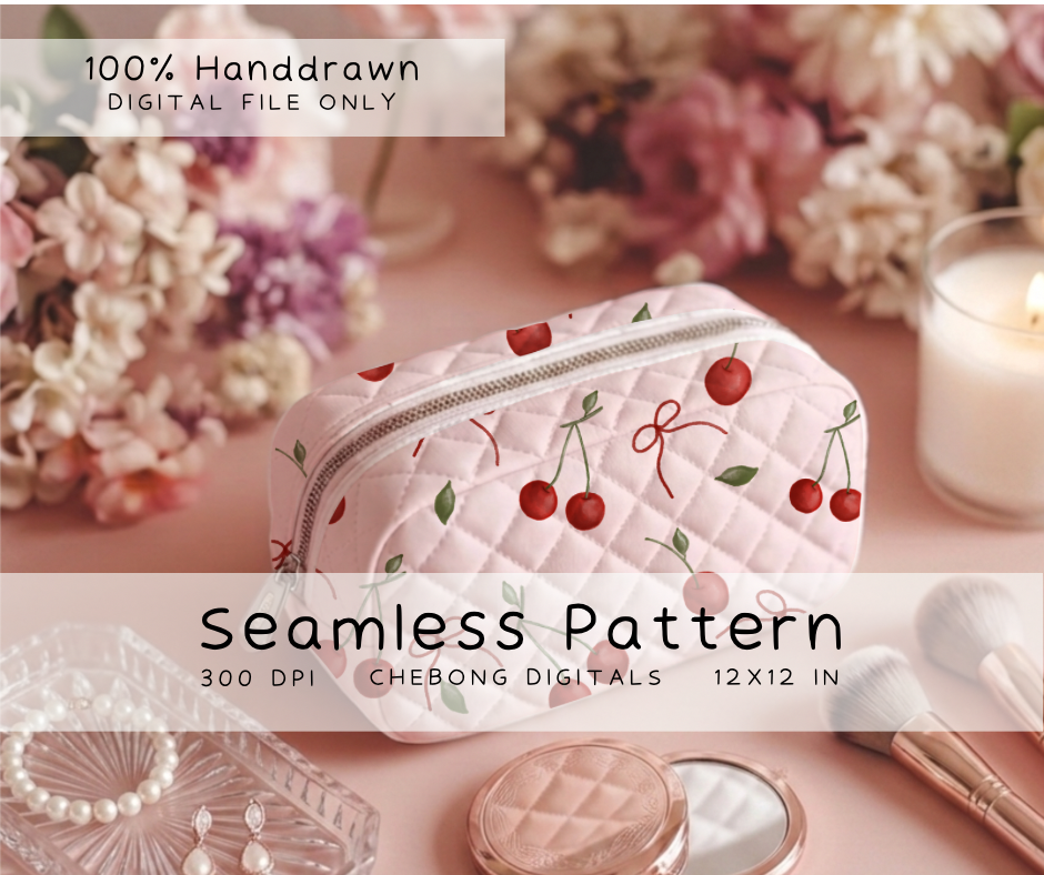 Coquette Bow Seamless Pattern for Fabric Printing, Red Cherries Pastel Ribbons Digital Textile Design for Children Dresses, Trendy Whimsical