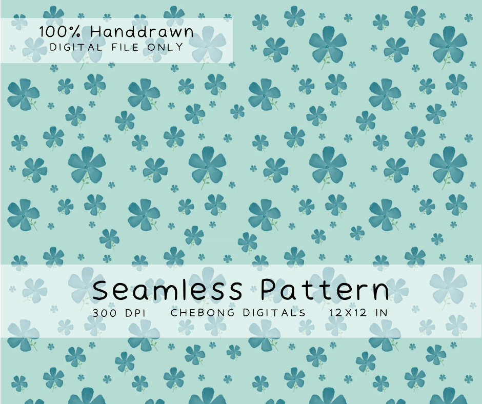 Teal Watercolor Floral Seamless Pattern PNG, Delicate Botanical Digital Paper Pack, Wildflower Leaf Repeat Design for Fabric Sublimation