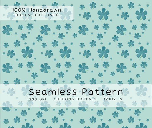 Teal Watercolor Floral Seamless Pattern PNG, Delicate Botanical Digital Paper Pack, Wildflower Leaf Repeat Design for Fabric Sublimation