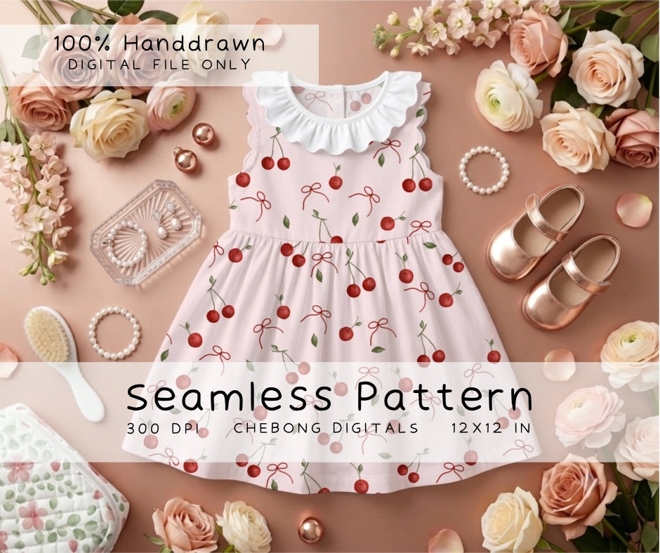 Coquette Bow Seamless Pattern for Fabric Printing, Red Cherries Pastel Ribbons Digital Textile Design for Children Dresses, Trendy Whimsical