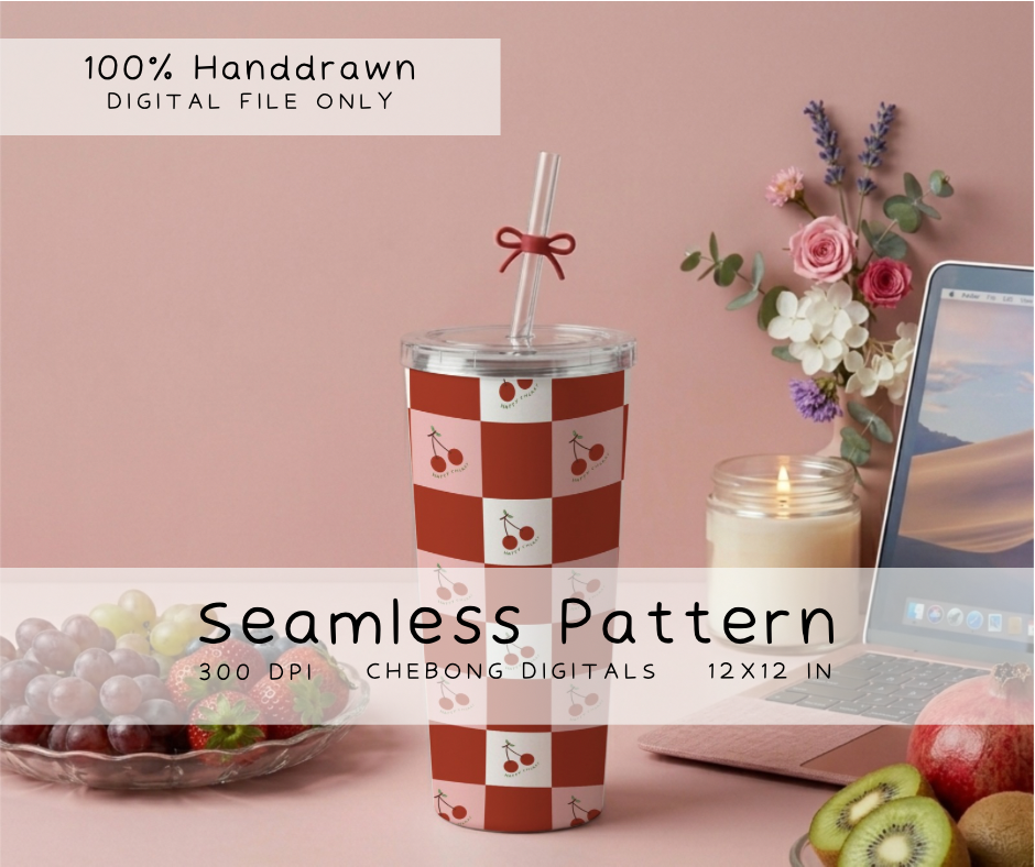 Cherry Fruit Seamless Pattern PNG, Summer Fruit Digital Paper Pack, Commercial Use Repeating File for Fabric Printing & Tumbler Wrap