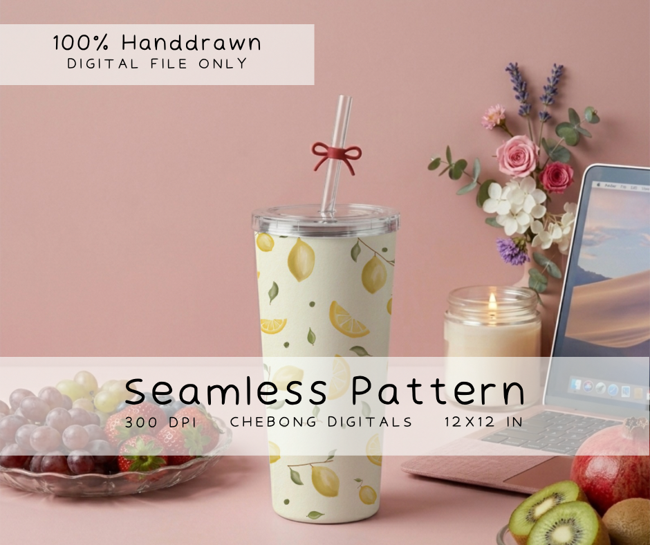 Watercolor Lemon Fruit Seamless Pattern PNG, Summer Fruit Digital Paper Pack, Commercial Use File for Fabric Printing & Tumbler Wrap