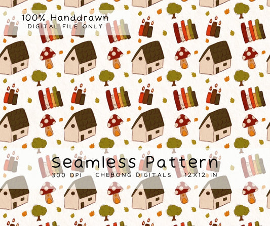 Cozy Cottagecore Seamless Pattern Digital File, Bookish Autumn Surface Pattern PNG, Reading Nook Fabric Design Commercial Use