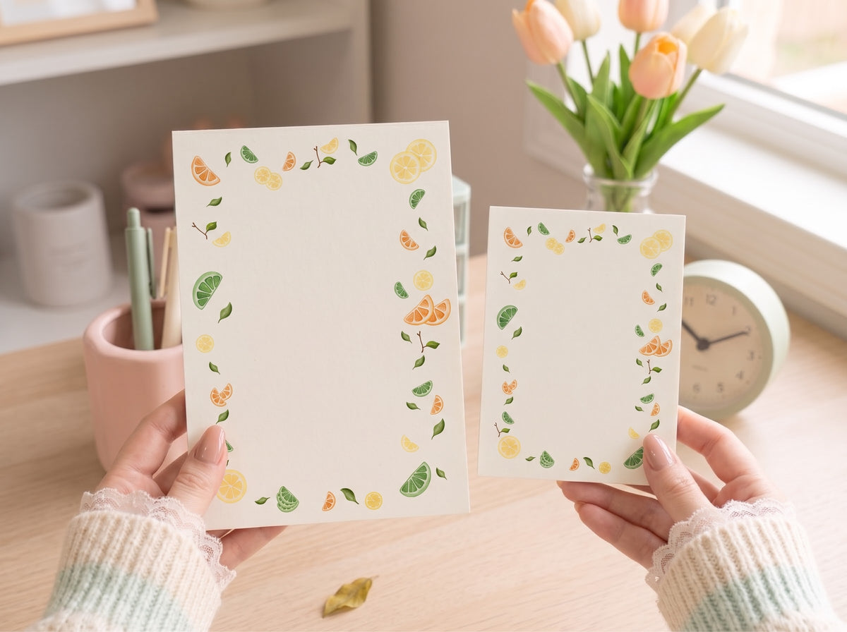 Two hands holding a pair of handcrafted citrus-patterned tear-away memo pads over an aesthetic wooden desk setup with pastel stationery, featuring the larger A5 notepad on the left and the smaller A6 notepad on the right.
