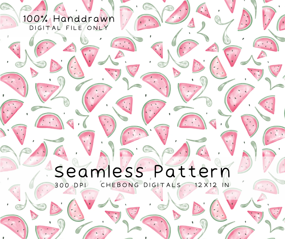 Watercolor Watermelon Seamless Pattern, Summer Fruit Digital Paper (PNG Download)