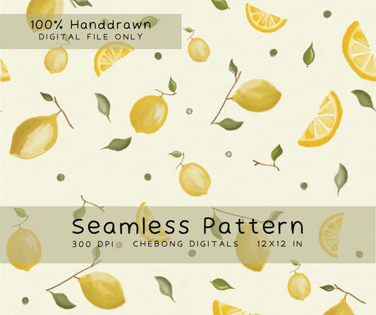 Watercolor Lemon Fruit Seamless Pattern PNG, Summer Fruit Digital Paper Pack, Commercial Use File for Fabric Printing & Tumbler Wrap
