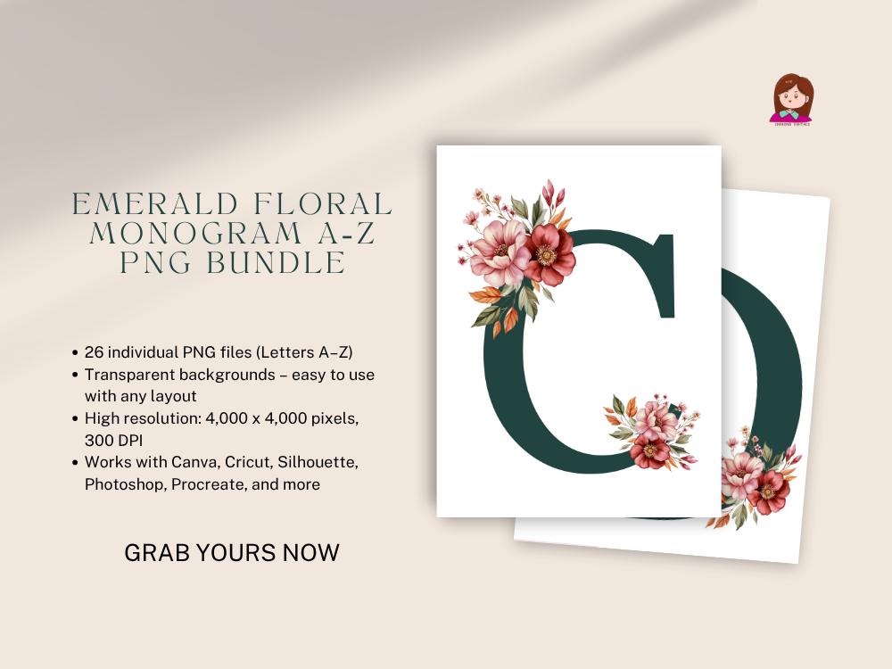 Emerald Floral Monogram A–Z PNG Bundle Wedding Invitation
